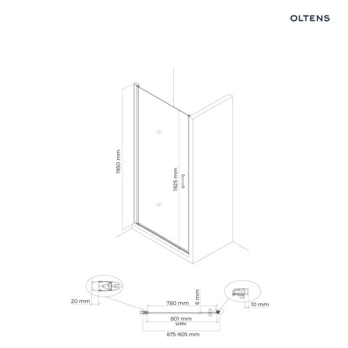 Oltens Rinnan drzwi prysznicowe 90 cm wnękowe czarny mat/szkło przezroczyste 21208300
