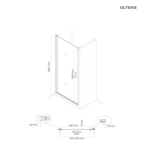 Oltens Rinnan drzwi prysznicowe 100 cm wnękowe czarny mat/szkło przezroczyste 21209300