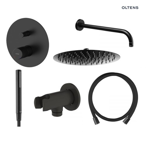 Zestaw Oltens Hamnes bateria podtynkowa z deszczownicą 30 cm Vindel i kompletem prysznicowym Ume czarny mat 36607300