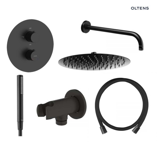 Zestaw Oltens Katla bateria podtynkowa z deszczownicą 30 cm Vindel i kompletem prysznicowym Ume czarny mat 36608300