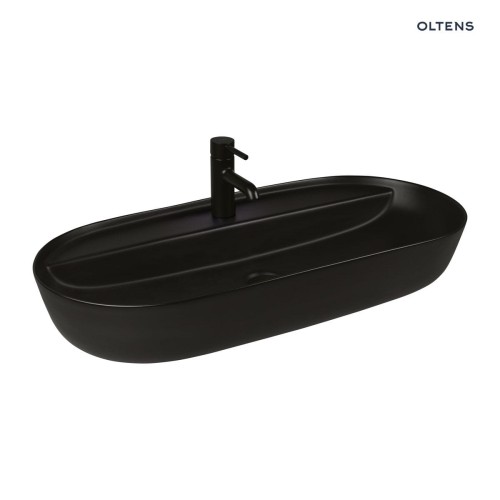 Oltens Hamnes Thin umywalka 80x40 cm nablatowa z otworem na baterię owalna czarny mat 41315300