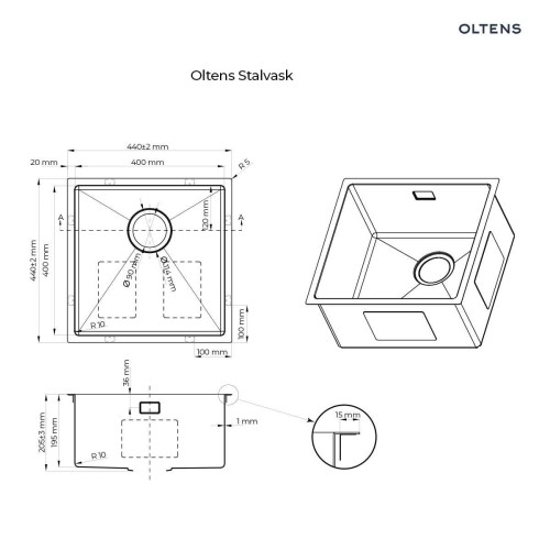 Oltens Stalvask zlewozmywak stalowy 1-komorowy 44x44 cm czarny 71100300