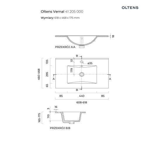 Oltens Vernal umywalka 61x46 cm meblowa prostokątna czarny mat 41205300
