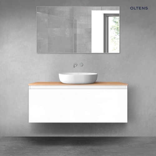 Oltens Vernal szafka 120 cm podumywalkowa wisząca z blatem biały połysk/dąb 68106000