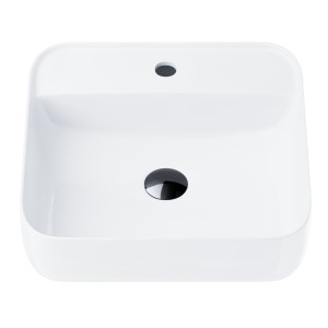 Umywalka nablatowa Corsan 649902 kwadratowa 395x395x145 mm z otworem na baterię i korkiem Klik-Klak czarnym