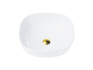 Umywalka nablatowa Corsan kwadratowa 420x420x145 mm z korkiem Klik-Klak złotym