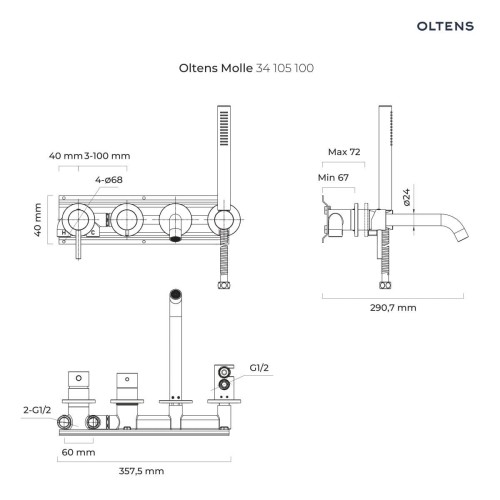 Oltens Molle bateria wannowo-prysznicowa podtynkowa grafitowa 34105400