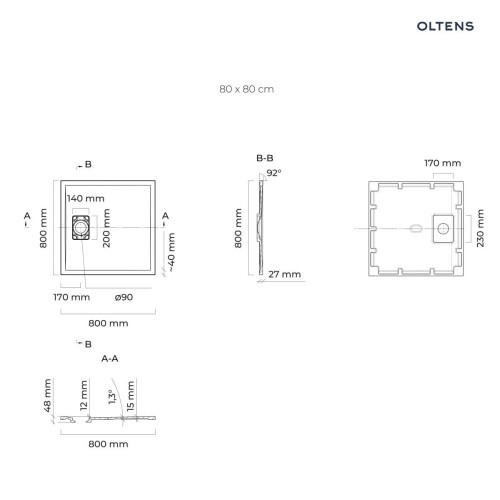 Oltens Bergytan brodzik kwadratowy 80x80 cm RockSurface kaszmir 17100900
