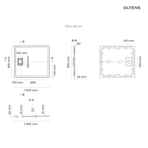 Oltens Bergytan brodzik prostokątny 100x90 cm RockSurface kaszmir 15101900