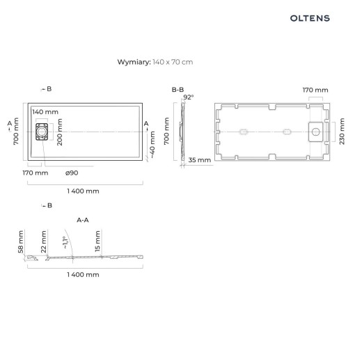 Oltens Bergytan brodzik prostokątny 140x70 cm RockSurface kaszmir 15105900