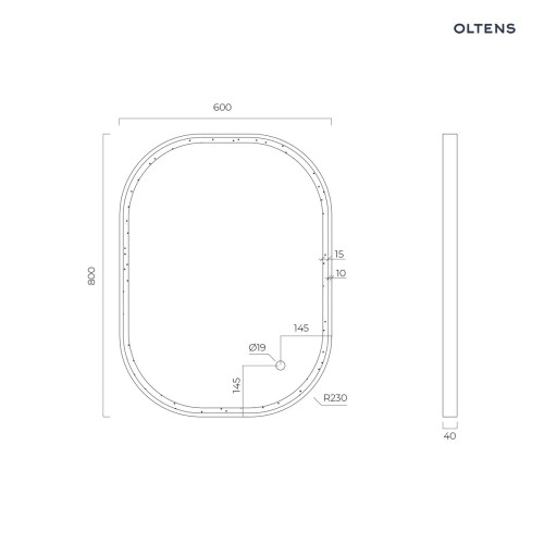 Oltens Nordlis lustro 60x80 cm prostokątne  z oświetleniem z przodu z matą grzewczą czarny 64123300