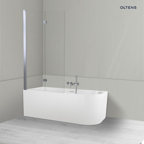 Oltens Delva Sela zestaw wanna wolnostojąca narożna 150x75 cm akrylowa lewa biała z parawanem nawannowym 115 cm 2-częściowy chrom 18018000