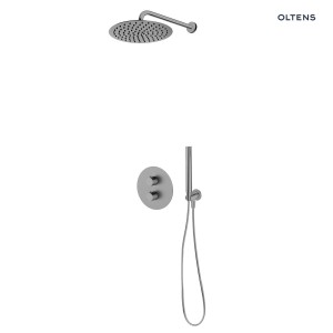 Zestaw Oltens Katla bateria wannowo-prysznicowa podtynkowa termostatyczna z deszczownicą 30 cm Vindel i kompletem prysznicowym Ume grafit 36608400