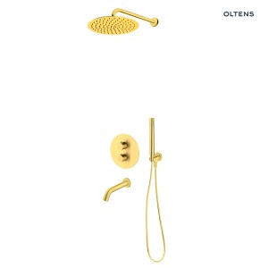 Zestaw Oltens Katla bateria podtynkowa termostatyczna w wylewką wannową Molle z deszczownicą 30 cm Vindel i kompletem prysznicowym Ume złoto szczotkowane 36611810