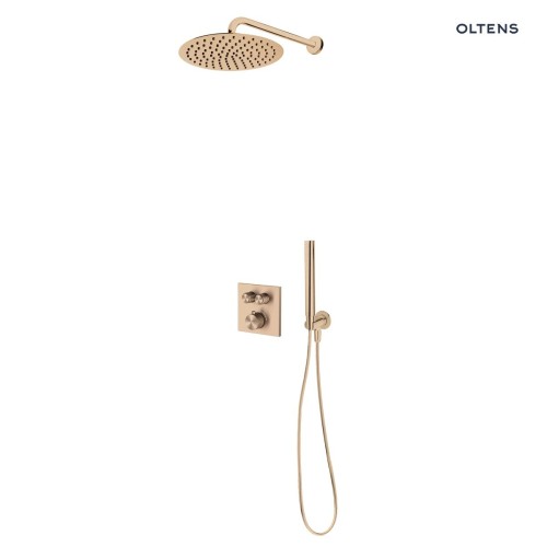 Zestaw Oltens Onega (S) bateria podtynkowa termostatyczna z deszczownicą 30 cm Vindel  i kompletem prysznicowym Ume miedź szczotkowana 36620610