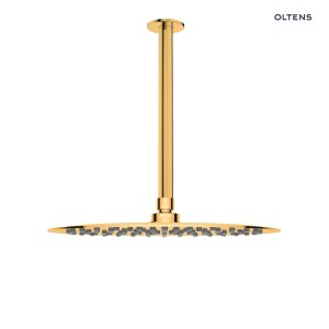 Oltens Vindel deszczownica 30 cm okrągła z ramieniem sufitowym Aera złoty połysk 36081800