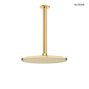 Oltens Atran deszczownica 22 cm okrągła z ramieniem sufitowym Aera złoty połysk 36084800