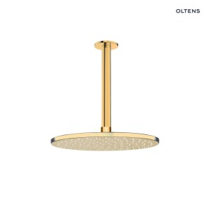 Oltens Atran deszczownica 22 cm okrągła z ramieniem sufitowym Aera złoty połysk 36089800