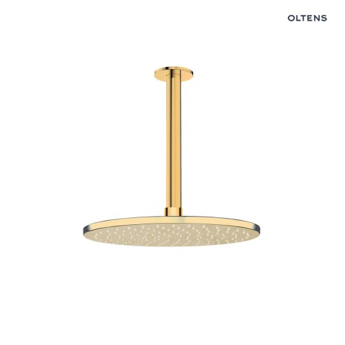 Oltens Atran deszczownica 22 cm okrągła z ramieniem sufitowym Aera złoty połysk 36089800