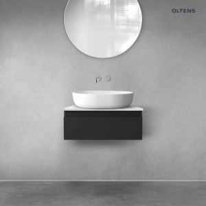 Zestaw Oltens Vernal szafka 60 cm podumywalkowa wisząca z blatem Tera czarny mat/jasny marmur 68706300