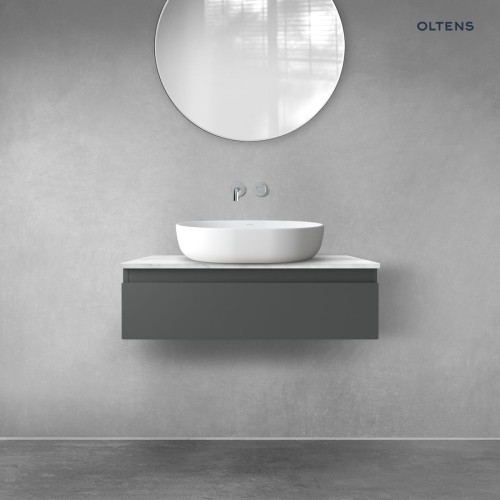Zestaw Oltens Vernal szafka 80 cm podumywalkowa wisząca z blatem Tera grafit mat/jasny marmur 68707400