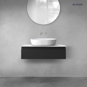 Zestaw Oltens Vernal szafka 80 cm podumywalkowa wisząca z blatem Tera czarny mat/jasny marmur 68707300