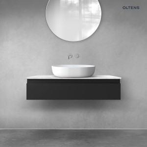 Zestaw Oltens Vernal szafka 100 cm podumywalkowa wisząca z blatem Tera czarny mat/jasny marmur 68708300