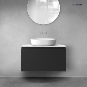 Zestaw Oltens Vernal szafka 80 cm podumywalkowa wisząca z blatem Tera czarny mat/jasny marmur 68711300