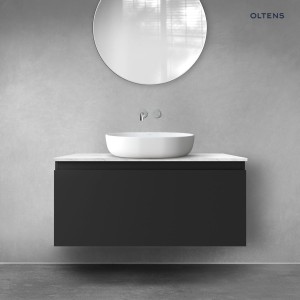 Zestaw Oltens Vernal szafka 100 cm podumywalkowa wisząca z blatem Tera czarny mat/jasny marmur 68712300