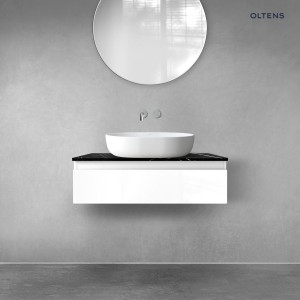 Zestaw Oltens Vernal szafka 80 cm podumywalkowa wisząca z blatem Tera biały połysk/czarny marmur 68715000