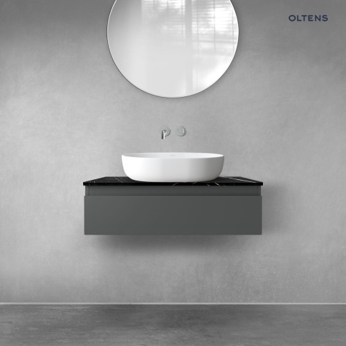 Zestaw Oltens Vernal szafka 80 cm podumywalkowa wisząca z blatem Tera grafit mat/czarny marmur 68715400