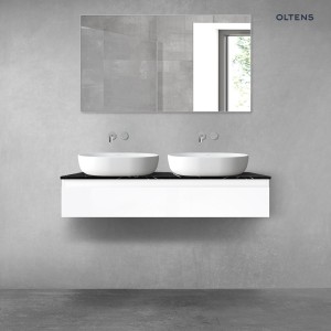 Zestaw Oltens Vernal szafka 120 cm podumywalkowa wisząca z blatem Tera biały połysk/czarny marmur 68717000