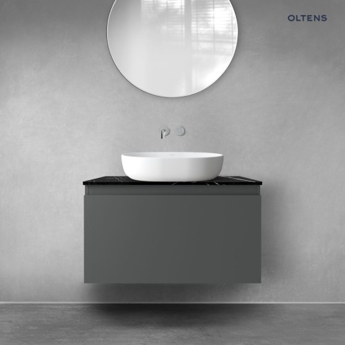 Zestaw Oltens Vernal szafka 80 cm podumywalkowa wisząca z blatem Tera grafit mat/czarny marmur 68719400