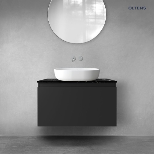 Zestaw Oltens Vernal szafka 80 cm podumywalkowa wisząca z blatem Tera czarny mat/czarny marmur 68719300