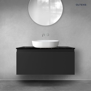 Zestaw Oltens Vernal szafka 100 cm podumywalkowa wisząca z blatem Tera czarny mat/czarny marmur 68720300