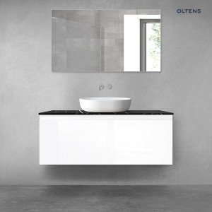 Zestaw Oltens Vernal szafka 120 cm podumywalkowa wisząca z blatem Tera biały połysk/czarny marmur 68721000