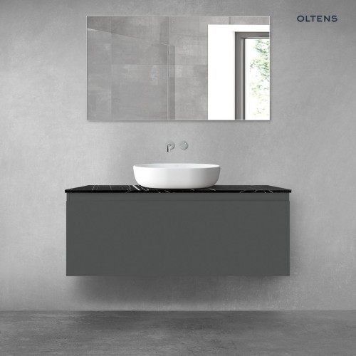 Zestaw Oltens Vernal szafka 120 cm podumywalkowa wisząca z blatem Tera grafit mat/czarny marmur 68721400
