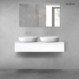 Zestaw Oltens Vernal szafka 120 cm podumywalkowa wisząca z blatem Tera biały połysk/jasny marmur 68709000
