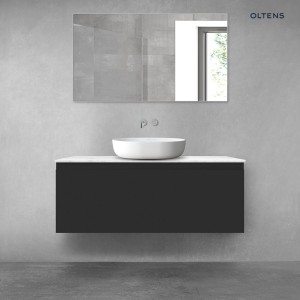 Zestaw Oltens Vernal szafka 120 cm podumywalkowa wisząca z blatem Tera czarny mat/jasny marmur 68713300