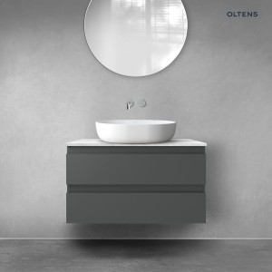 Zestaw Oltens Vernal szafka 80 cm podumywalkowa wisząca z blatem Tera grafit mat/jasny marmur 68723400