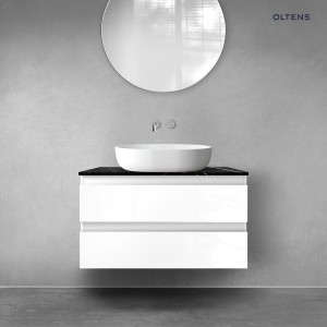 Zestaw Oltens Vernal szafka 80 cm podumywalkowa wiszącaz blatem Tera biały połysk/czarny marmur 68726000