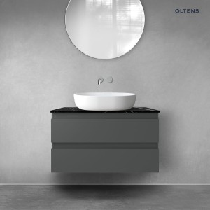 Zestaw Oltens Vernal szafka 80 cm podumywalkowa wisząca z blatem Tera grafit mat/czarny marmur 68726400