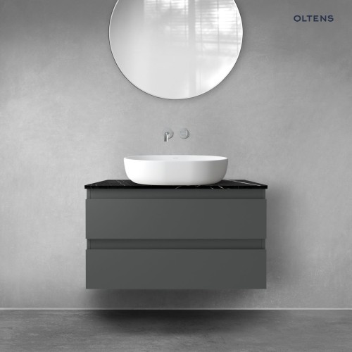 Zestaw Oltens Vernal szafka 80 cm podumywalkowa wisząca z blatem Tera grafit mat/czarny marmur 68726400