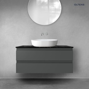 Zestaw Oltens Vernal szafka 100 cm podumywalkowa wisząca z blatem Tera grafit mat/czarny marmur 68727400
