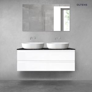 Zestaw Oltens Vernal szafka 120 cm podumywalkowa wisząca z blatem Tera biały połysk/czarny marmur 68729000