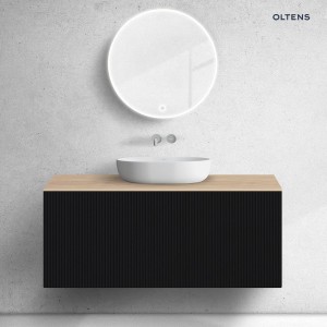 Zestaw Oltens Lun Rilla szafka podumywalkowa 120 cm z blatem czarny mat/dąb 68690300