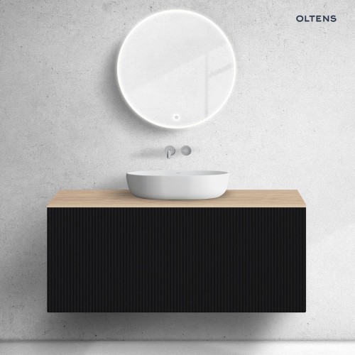 Zestaw Oltens Lun Rilla szafka podumywalkowa 120 cm z blatem czarny mat/dąb 68690300