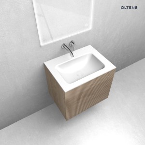 Zestaw Oltens Lun Rilla szafka podumywalkowa 60 cm z umywalką Kalla LavaForm dąb/biały połysk 68768060