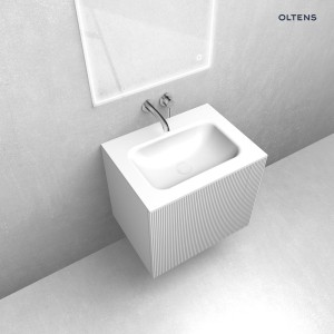 Zestaw Oltens Lun Rilla szafka podumywalkowa 60 cm z umywalką Kalla LavaForm biały mat/biały połysk 68770000