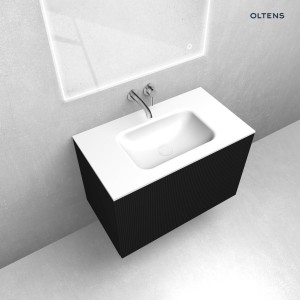 Zestaw Oltens Lun Rilla szafka podumywalkowa 80 cm z umywalką Kalla LavaForm czarny mat/biały połysk 68772300